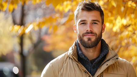 Portrait of a handsome man with a beard, wearing a jacket and sweater, set against a vibrant backdrop of golden autumn foliage, bathed in soft, warm light.の素材
