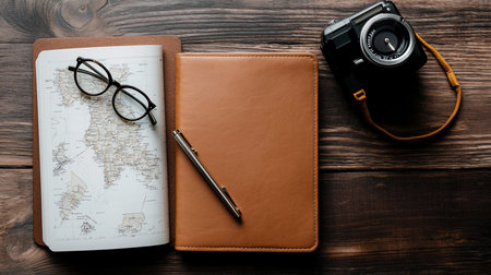 Overhead shot of a vintage travel setup: map with glasses, a brown leather notebook with pen, and a classic camera on a dark, rustic wooden surface, evoking a sense of adventure.の素材