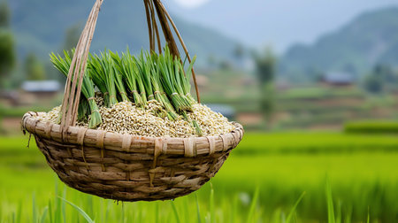 A rustic woven basket, brimming with rice seeds and bundled seedlings, hangs against a vibrant green rice field backdrop, evoking a sense of harvest and agricultural abundance.の素材