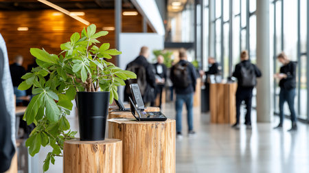 A green plant in a black pot sits on a wooden stump next to tablets at a tech event with blurred people in the background.の素材