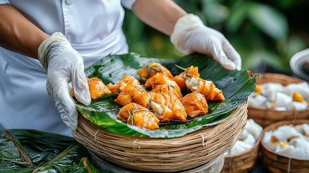 A chef in white uniform and gloves presents a basket of golden fried dumplings on a banana leaf, showcasing the dish's vibrant color and texture.の素材