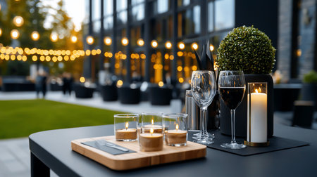 A beautifully set outdoor dining table with candles, wine glasses, and a decorative plant, illuminated by soft, ambient string lights at dusk, creating a warm, inviting atmosphere.の素材