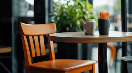 A cozy cafe scene featuring an empty orange chair, a round wooden table with mugs and straws, and a blurred background of greenery and windows. Soft, natural light creates a warm atmosphere.の素材