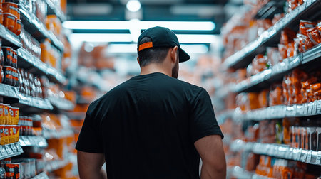 A man in a black t-shirt and baseball cap walks through a supermarket aisle, shelves stocked with products, illuminated by bright overhead lights, creating a sense of focus.の素材