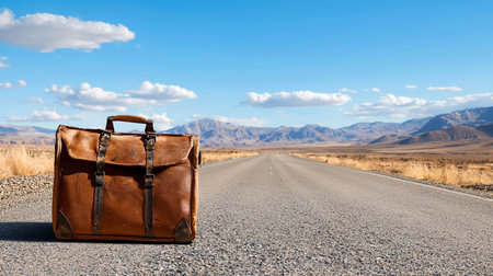 A worn leather suitcase sits on a desolate road, under a bright blue sky with scattered clouds, with mountains in the distance, evoking a sense of travel and adventure.の素材