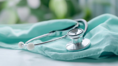 A silver stethoscope rests gently on folded teal medical scrubs, creating a soft, calming image. The focus is sharp on the stethoscope's bell, with a blurred background.の素材