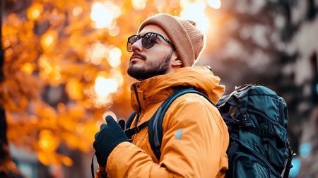 A bearded man in a beanie, sunglasses, and yellow jacket, wearing a backpack, looks up towards the sun filtering through autumn leaves, creating a warm, contemplative mood.の素材