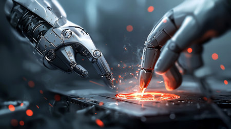 Two sleek, metallic robot hands meticulously weld a dark, patterned surface, creating a vibrant circle of fiery sparks and molten metal. The scene is futuristic and precise.の素材