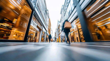 Dynamic street scene featuring shoppers walking with bags amidst modern retail buildings. Blurred motion effect emphasizes movement and energy in an urban shopping environment.の素材