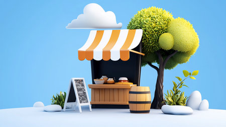 A charming 3D rendering of a food stall with an orange and white striped awning, a chalkboard menu, a lush tree, and a cartoon cloud against a light blue backdrop.の素材