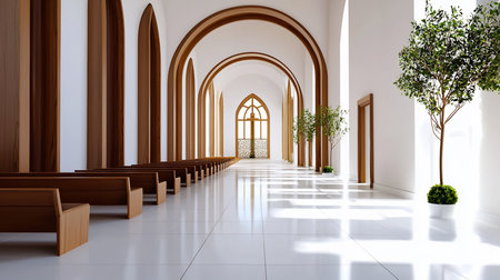 A bright, modern church interior featuring rows of wooden pews, arched doorways, and sunlight reflecting off the white tiled floor. Trees add a touch of nature.の素材