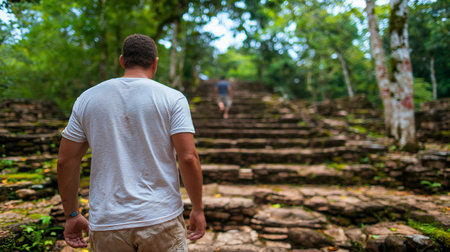 A man in a white shirt climbs weathered stone steps of Mayan ruins, surrounded by a dense, green jungle. Another person ascends ahead, creating a sense of exploration and adventure.の素材