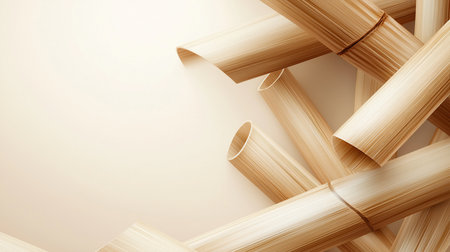 A close-up of interwoven bamboo stalks, showcasing their textures and natural light. The beige background enhances the organic feel, creating a serene and abstract composition.の素材