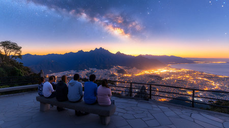 A group sits on a stone bench, gazing at a sprawling city illuminated at night, set against a backdrop of mountains and a vibrant Milky Way sky.の素材