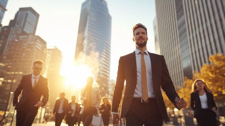 A confident businessman walks purposefully through a bustling city street at sunset, bathed in golden light, with skyscrapers towering in the background.の素材