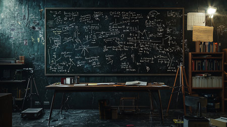 A dimly lit study room with a large blackboard covered in complex formulas, a cluttered desk, and overflowing bookshelves, evoking a sense of intense intellectual pursuit.の素材