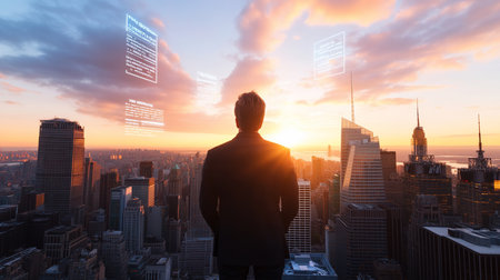 A businessman in a suit gazes over a futuristic New York City skyline at sunset, with holographic data displays floating in the air, symbolizing technology and ambition.の素材
