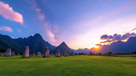 Breathtaking view of Yucay ruins in Peru at sunset, with the Milky Way visible in the sky and the Andes Mountains in the background. Green field, stone pillars.の素材
