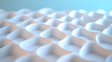 A close-up abstract image featuring a repeating pattern of white, rounded geometric shapes. Soft, diffused lighting creates subtle shadows and highlights, with a shallow depth of field.の素材