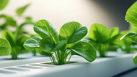 Close-up of hydroponically grown lettuce, showcasing vibrant green leaves and water droplets. The controlled environment highlights modern, sustainable agricultural practices.の素材
