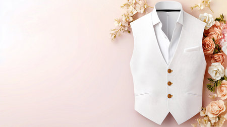 A crisp white vest with gold buttons is displayed with a white shirt and floral accents on a soft pink background, suggesting a wedding or formal event.の素材