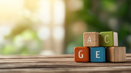 A stack of colorful wooden blocks spelling "AGE" sits on a rustic wooden surface, with a blurred green and yellow background creating a soft, natural setting.の素材