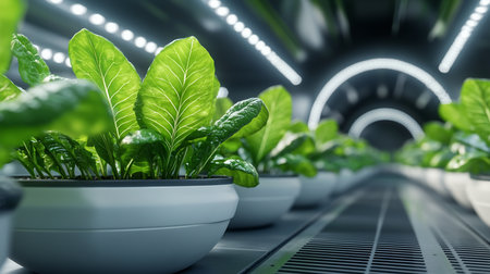 Close-up of vibrant green plants growing in modern white pots, illuminated by bright LED lights in a controlled indoor farming environment. Focus on sustainable agriculture.の素材
