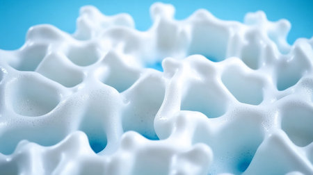 Close-up of a complex, abstract structure made of white foam against a light blue background. The foam forms interconnected shapes, creating a visually interesting texture.の素材