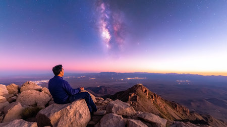 A man sits on a rocky peak, contemplating the Milky Way above a distant city at dusk. The sky transitions from pink to blue, creating a serene and awe-inspiring scene.の素材