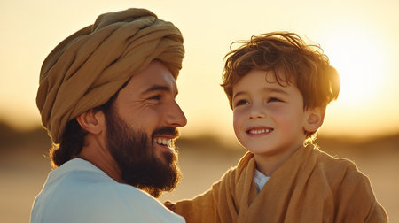 A loving father with a turban and his son share a joyful moment in the desert, bathed in the warm glow of the setting sun, creating a heartwarming scene.の素材