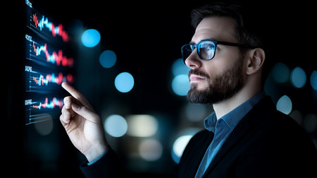 A bearded man in glasses analyzes stock market data on a transparent screen, illuminated by bokeh lights, showcasing financial analysis and investment decisions.の素材