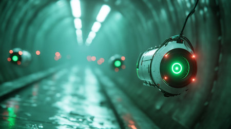 In a futuristic tunnel, floating drones with glowing green eyes and red accents monitor the space. The scene is bathed in a cool, teal light, creating a sense of technological surveillance.の素材