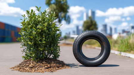 A green bush with mulch sits beside a tire on asphalt, contrasting nature and industry. A blurred cityscape rises in the background under a bright, partly cloudy sky.の素材