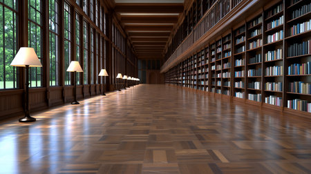A long, grand library hallway with floor lamps lining the window side and tall bookcases filled with books on the other. Natural light streams in, illuminating the wooden floor.の素材
