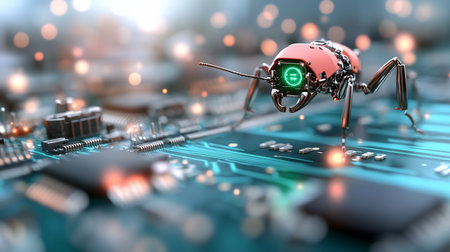 A futuristic, robotic ant with a glowing green eye crawls across a blue circuit board, surrounded by bokeh lights, symbolizing technology and artificial intelligence.の素材