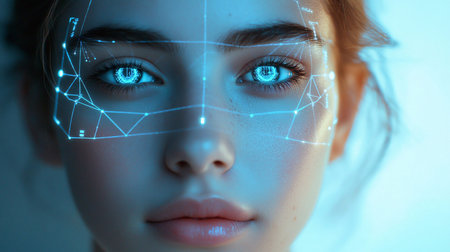Close-up of a woman's face with glowing blue eyes and a digital interface overlay, creating a futuristic and technological aesthetic. Soft lighting enhances the ethereal mood.の素材