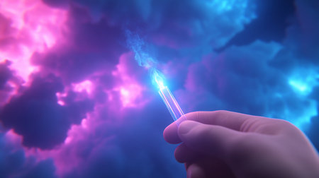 A hand holds a glowing fiber optic cable, emitting a bright blue light and smoke, set against a surreal backdrop of pink and blue clouds, creating a dreamy, ethereal atmosphere.の素材