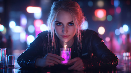 Captivating blonde woman with piercing blue eyes holds a glowing purple drink in a vibrant, neon-lit bar, creating a mysterious and alluring atmosphere.の素材
