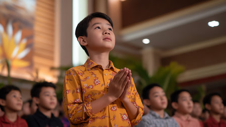 A young Asian boy in a floral shirt prays with hands clasped, looking upward in a church. Other children are visible in the background.の素材