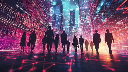 Silhouetted business people walk towards a bright future in a futuristic cityscape with glowing data streams and digital connections, symbolizing innovation and progress.の素材