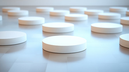 A minimalist composition featuring a grid of white, round pills arranged on a light blue, reflective surface. Soft lighting creates subtle shadows, emphasizing the medical or pharmaceutical theme.の素材