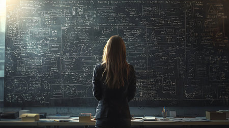 A woman stands before a large chalkboard covered in complex equations and diagrams, lost in thought, possibly a professor or student deeply engaged in scientific study.の素材