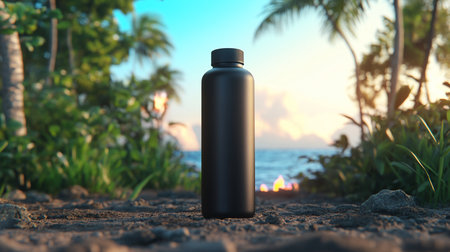 A matte black bottle stands on a sandy beach, with palm trees, ocean, and sunset in the background, creating a serene tropical scene.の素材
