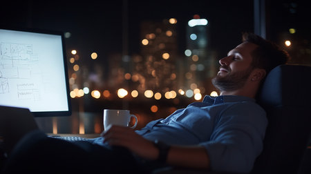 A man leans back in his chair, eyes closed, a mug in hand, taking a break from work at night with city lights visible through the window.の素材