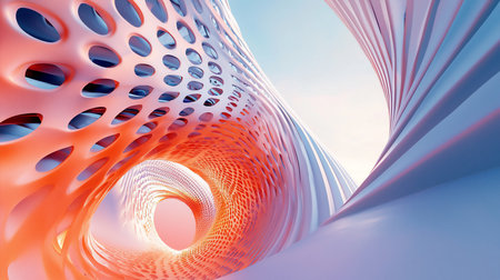 Abstract architectural rendering featuring coral-colored perforated structures and blue ribbon-like forms against a light sky, creating a futuristic and dynamic composition.の素材