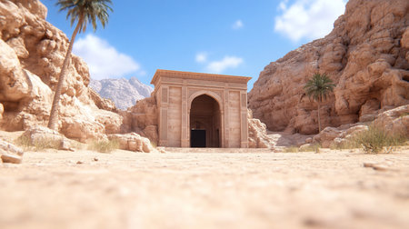 A low-angle shot of an ornate stone archway nestled between rocky cliffs in a desert. Palm trees frame the scene under a bright blue sky with scattered clouds.の素材