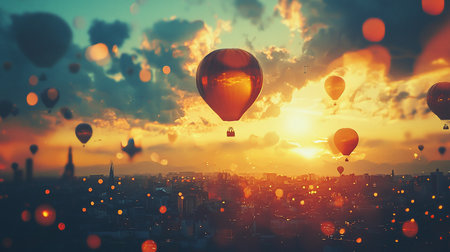 Dreamy cityscape at sunset featuring hot air balloons floating above buildings, bathed in golden light with bokeh. A surreal and warm atmosphere evokes a sense of adventure.の素材