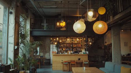 Warm, inviting cafe interior featuring a wooden bar stocked with bottles, illuminated by globe pendant lights. Plants add a touch of nature to the rustic, industrial space.の素材