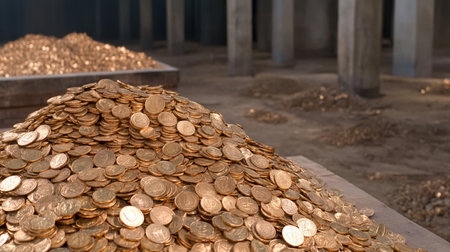 A vast pile of gold coins sits in an old hall, suggesting hidden treasure or forgotten wealth. The scene evokes mystery and the allure of untold riches.の素材