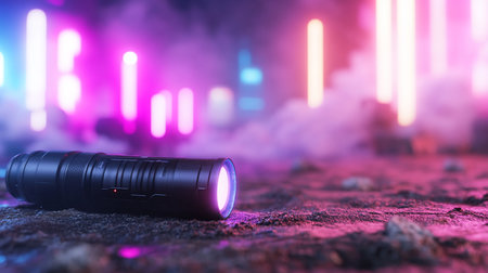 A sleek, black flashlight rests on a rough, textured surface, illuminated by pink and blue neon lights. A blurred cityscape provides a futuristic backdrop.の素材